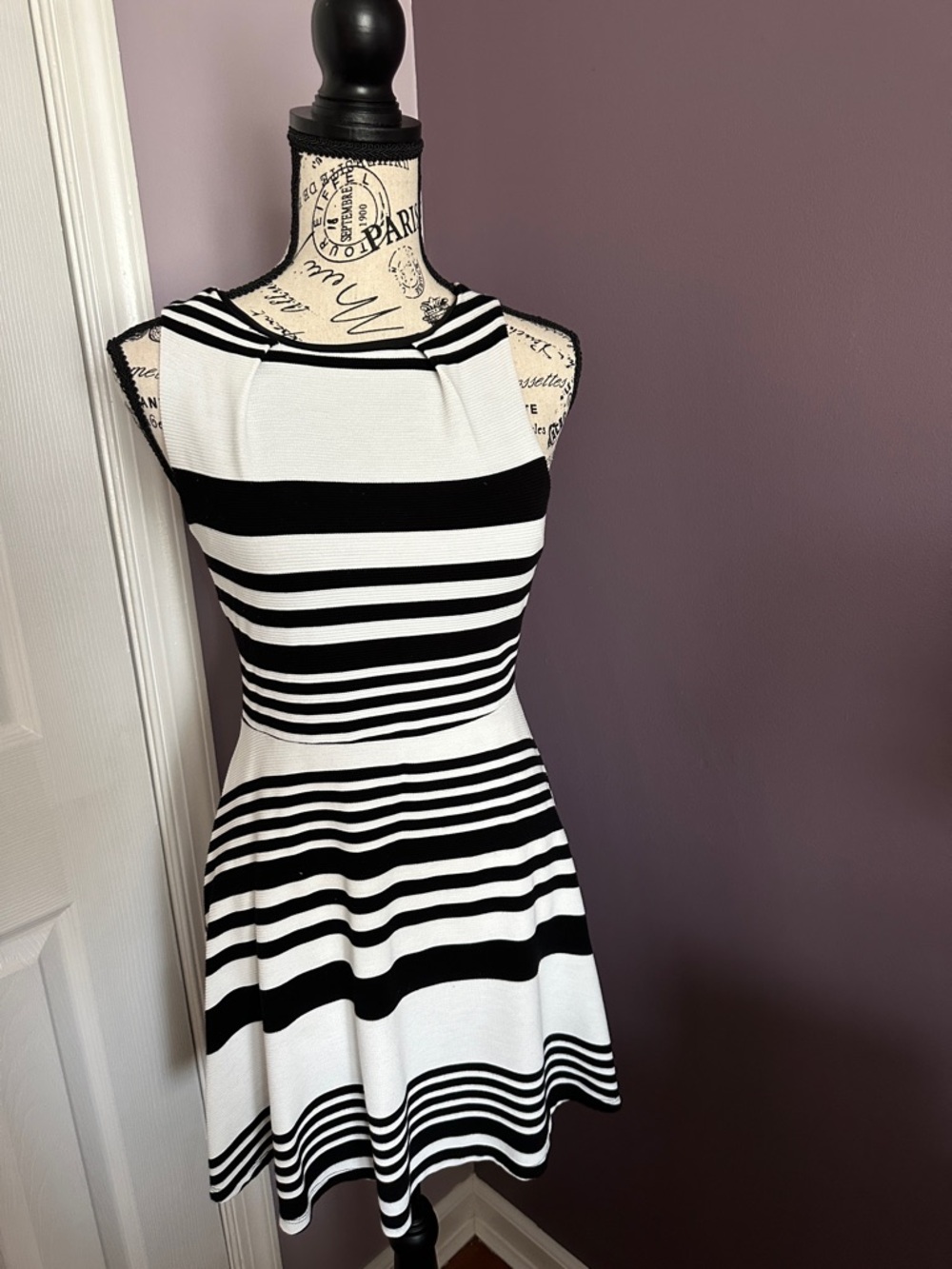 Monteau Black and White Striped Fit-and-Flare Mini Dress